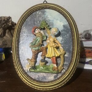 Vintage Italian 3D Bas Relief Plaques — Children Scene‎ Gold Frames 1950s